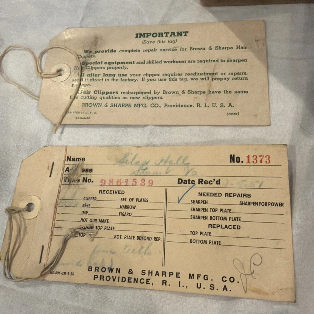Vtg Brown & Sharpe Bressant Hair Clippers Orig Box Service Receipts Vtg Scissors